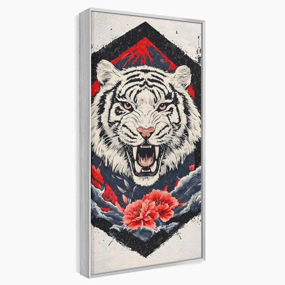 Tablou canvas cu tablou canvas cu tigru alb si flori rosii, in rama de aluminiu argintiu